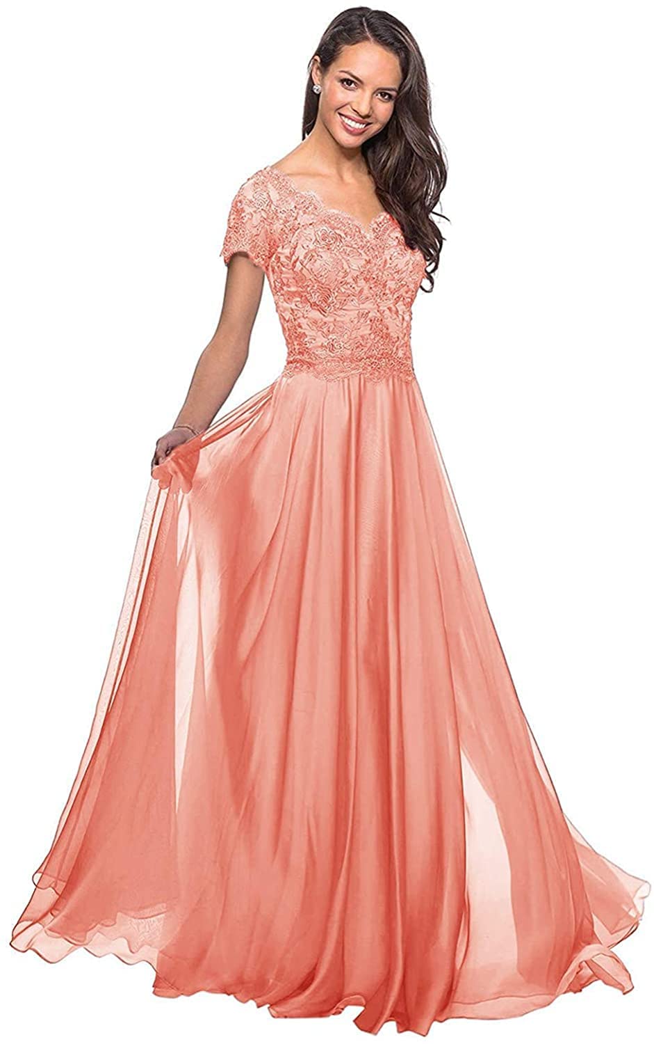 Elegant V-Neck Long Sleeve Chiffon Mother of the Bride Dress with Lace Appliques - Perfect for Weddings, Evening Parties & Formal Occasions