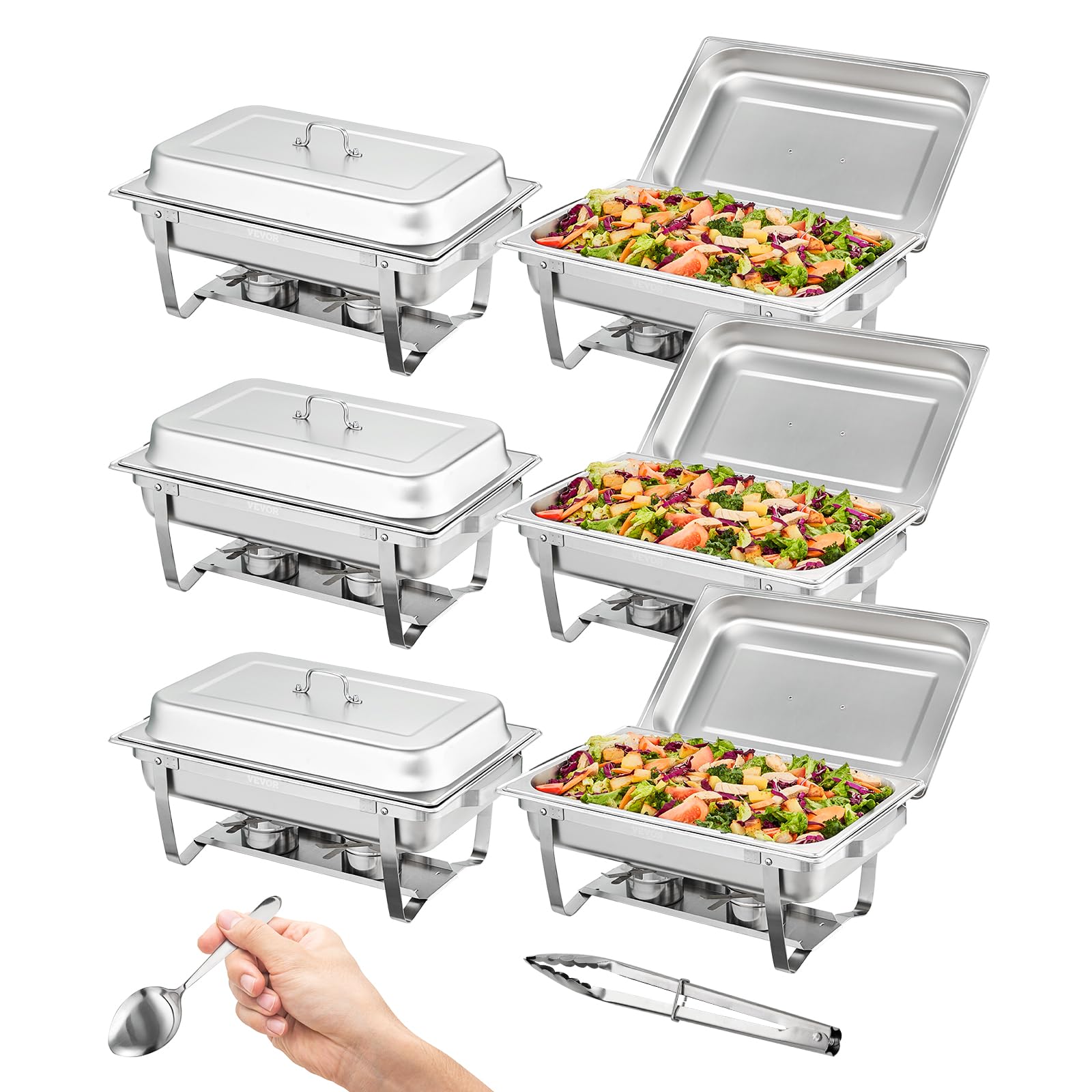 Vevor 8 Quart Stainless Steel Chafing Dish Buffet Set - Full Size Rectangular Catering Chafer with 6 Packs for Buffet, Party, Wedding & Events - Silver Commercial Kitchen Equipment for Food Warming & Serving