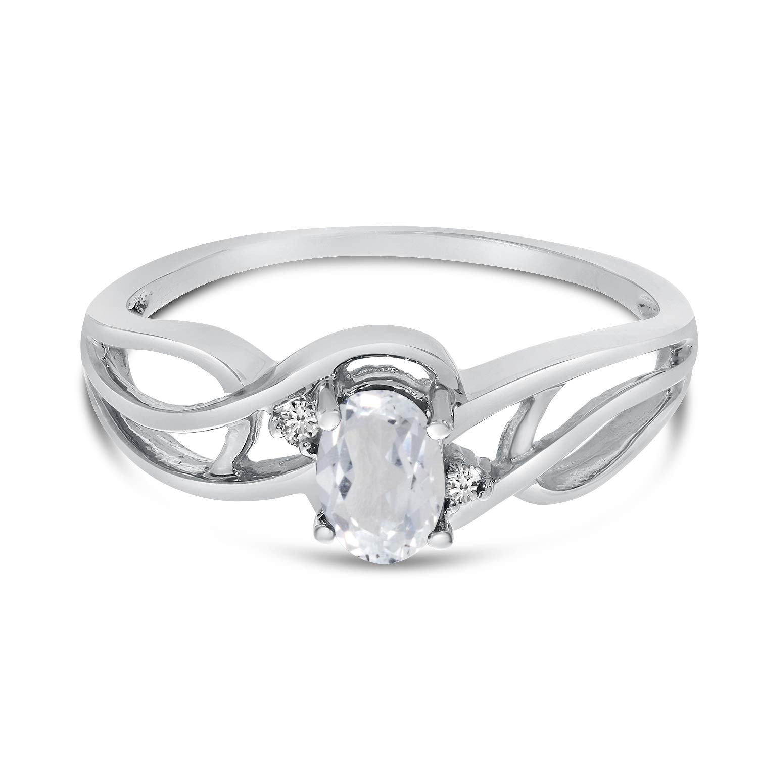 14K White Gold Oval White Topaz and Diamond Curved Ring for Women - Elegant Wedding, Engagement, Anniversary Gift Jewelry for Her