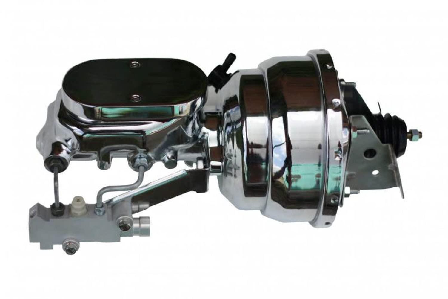 LEED BRAKES 8 Inch Dual Power Booster with 1-1/8 Inch Bore Flat Top Master Cylinder & Side Mount Valve - Chrome Finish for Disc/Drum Brake Systems - Perfect for Classic Car Restoration & Performance Upgrades