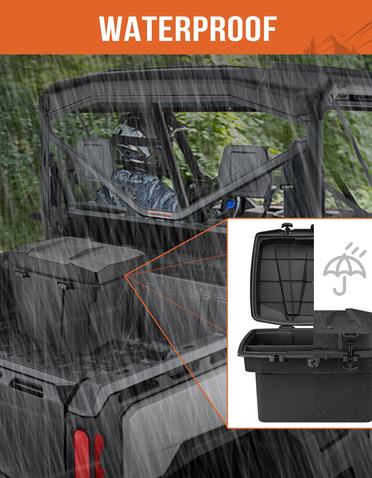 KEMIMOTO UTV Bed Storage Box - 7.4 Gallon Waterproof Lockable Cargo Organizer for Can-Am Defender & Defender MAX (2016-2025) | Heavy-Duty Trunk Bin with Easy Installation | Perfect for Off-Road Adventures, Hunting Gear Storage & Camping Equipment Organization