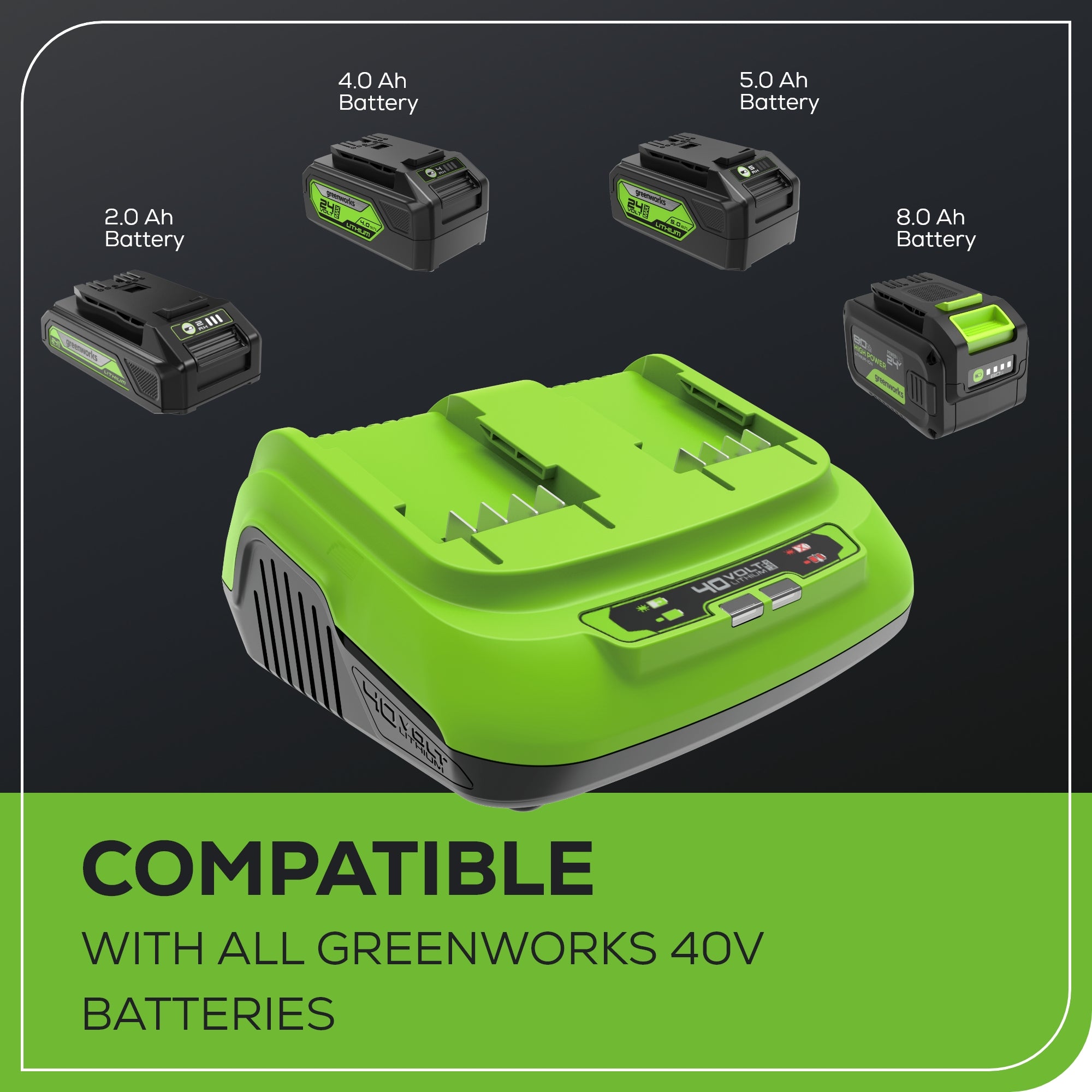 40V 8A Dual Port Fast Charger for Power Tools & Outdoor Equipment - Quick Charging for Drills, Lawn Mowers & More