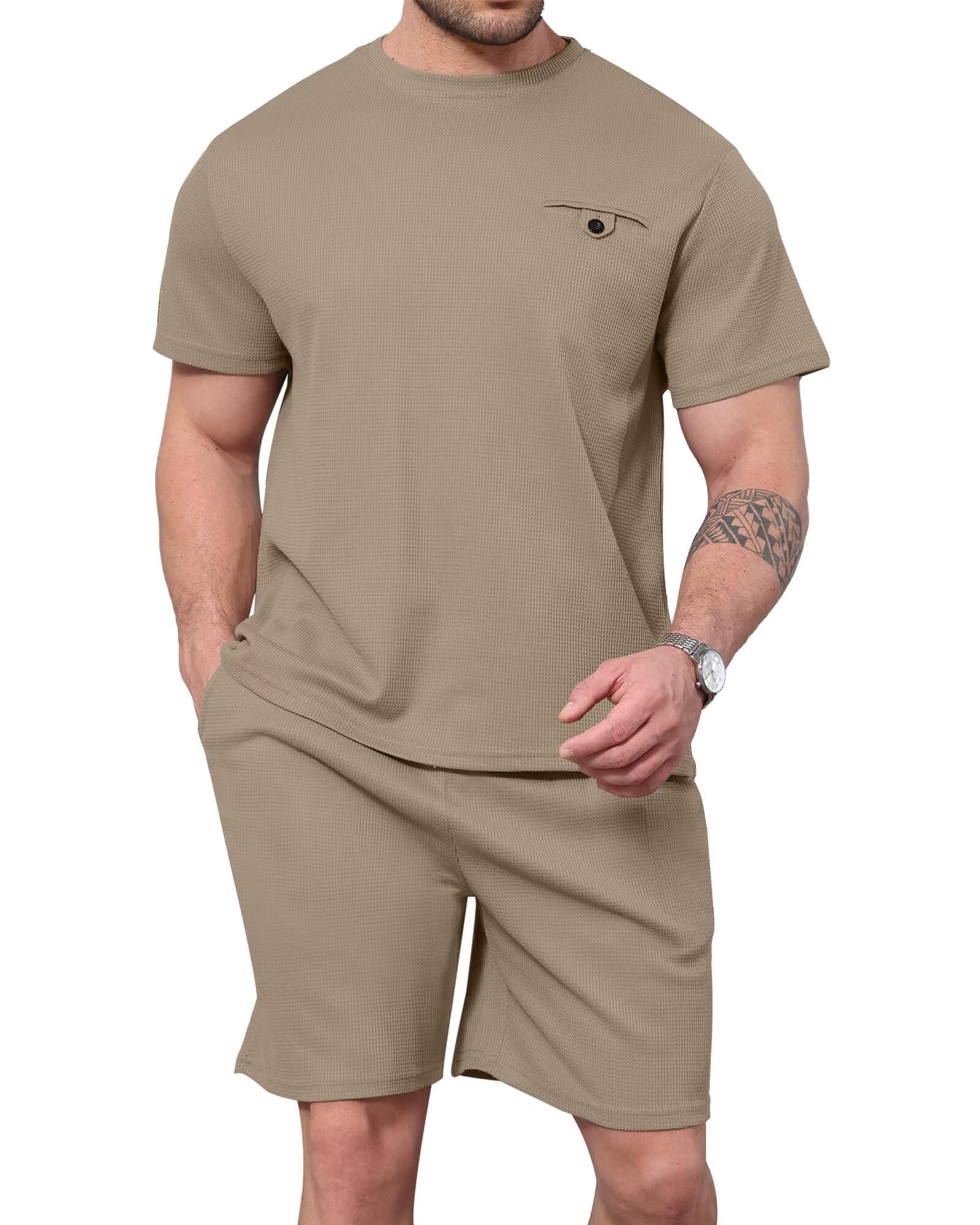 ThusFar Men's Waffle Knit Shirt & Shorts Set - 2 Piece Summer Tracksuit with Pockets for Athletic & Casual Wear | Gym, Running, Beach, Lounge Outfits