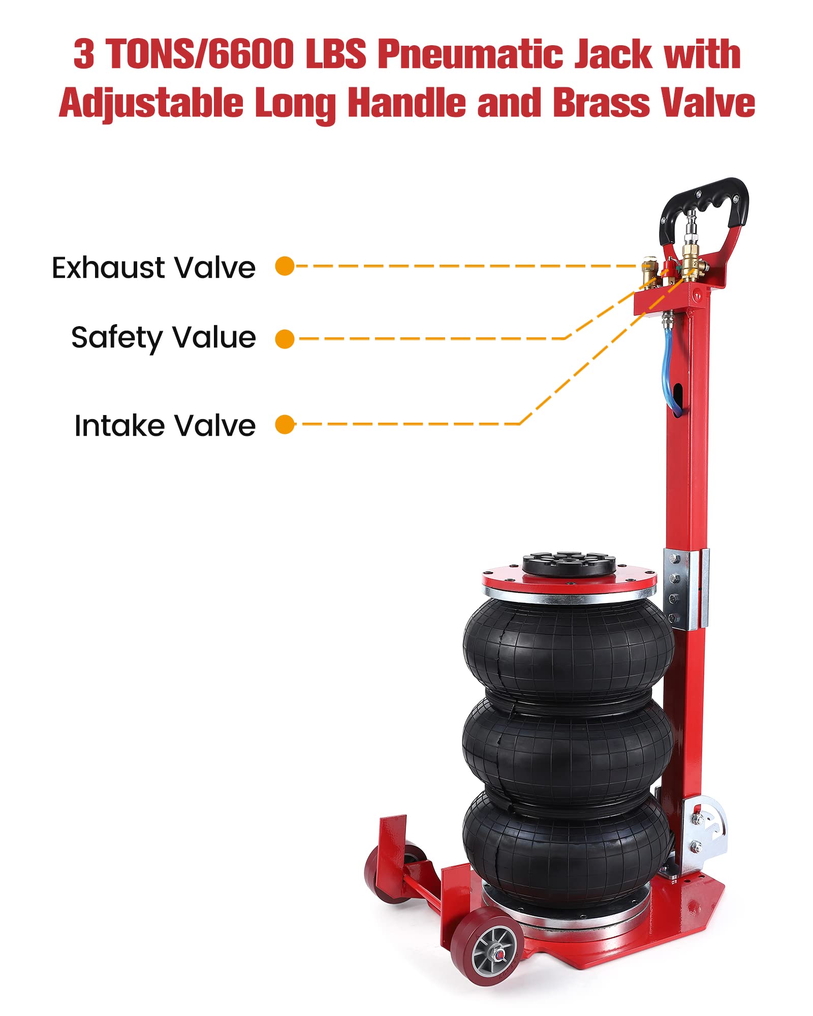 GARVEE 3 Ton (6600 lbs) Triple Bag Air Jack - Heavy Duty Car Lift with 15.75 Inch Height & Quick 3-5 Second Lifting | Adjustable Long Handle & Brass Valve for Easy Vehicle Maintenance, Off-Road Recovery, and Emergency Roadside Assistance