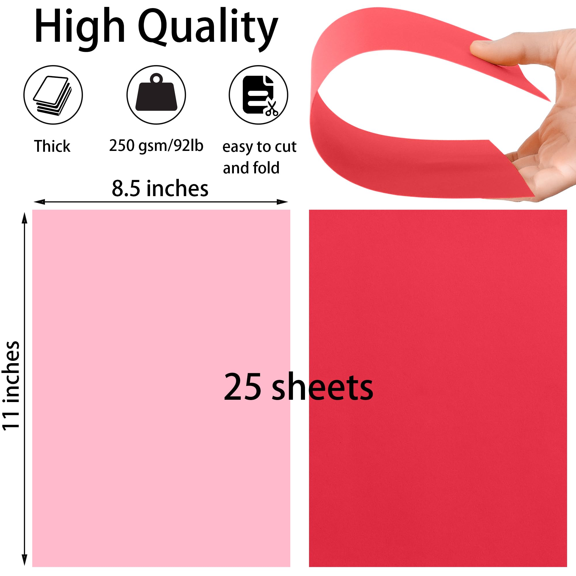 25 Sheets Red and Pink Cardstock Paper 8.5'' x 11'' - 250gsm/92lb Premium Thick Paper for Scrapbooking, Wedding Invitations, DIY Greeting Cards, Flyers & Craft Projects - Perfect for Home, Office & School Use