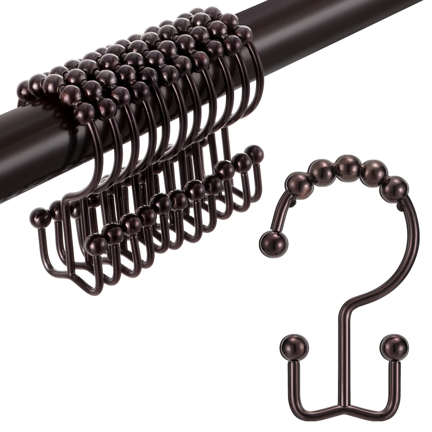 TENOVEL 12-Pack Rust-Proof Double Sided Shower Curtain Hooks - Durable Stainless Steel Bathroom Shower Rings for Rods & Curtains (Bronze) - Perfect for Bathroom, Spa, and RV Shower Organization