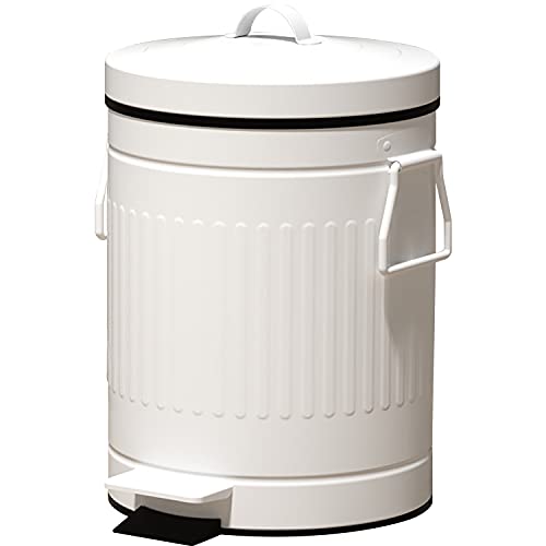 Retro Step Trash Can with Lid - 12L/3.2 Gallon Soft Close Garbage Bin - Round Touchless Trash Can with Removable Bucket & Handles - Large White Outdoor/Indoor Waste Bin for Kitchen, Bathroom, Office, Patio