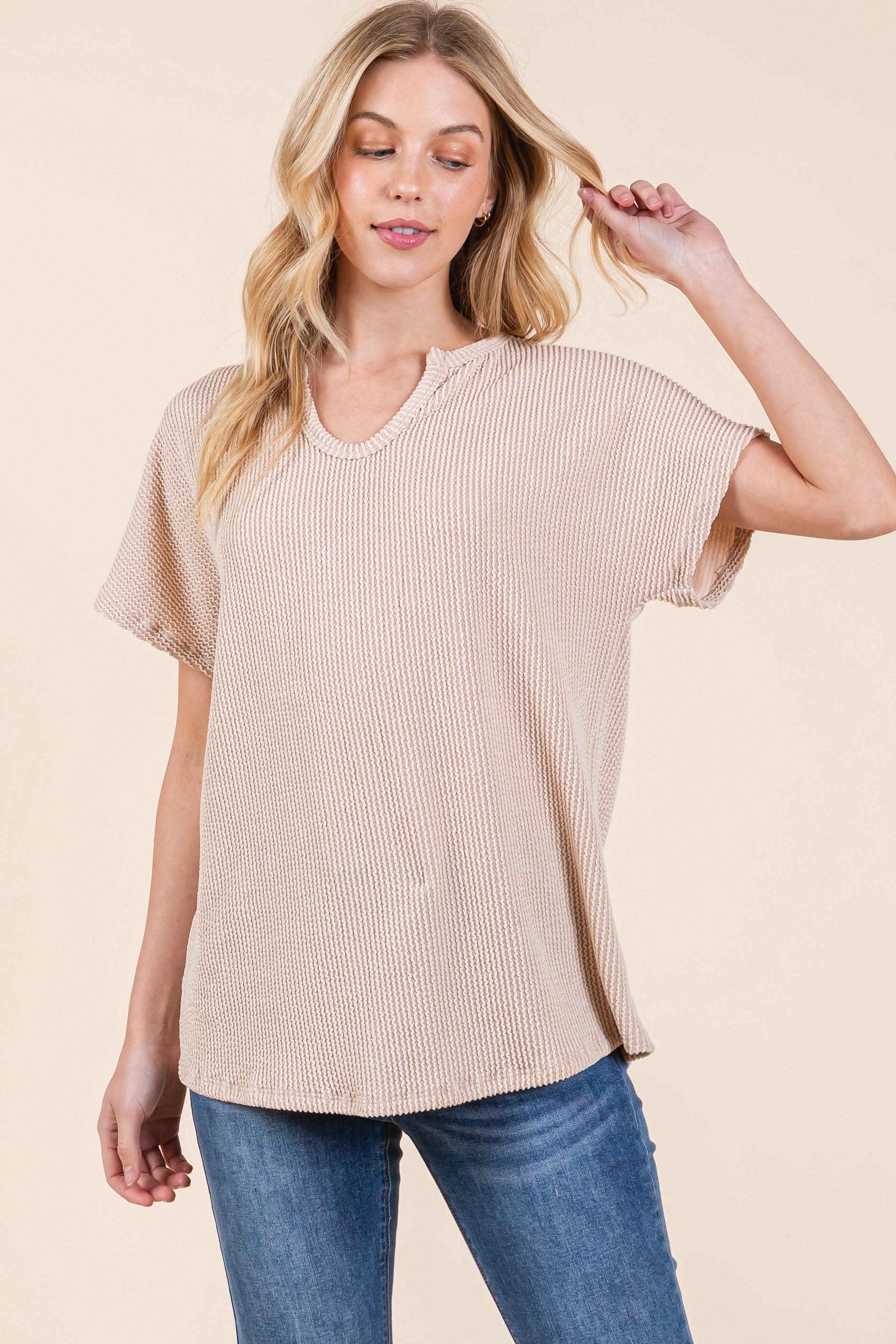 Beige Ribbed Notched Neckline T-Shirt for Women - Casual Stretch Cotton Blouse for Everyday Wear | Perfect for Office, Dating & Weekend Outfits