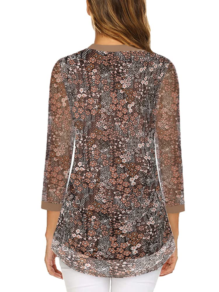 Supnier Women's 3/4 Sleeve V-Neck Floral Print Mesh Blouse - Loose Fit Tunic Top for Casual Wear, Office & Date Night Outfits