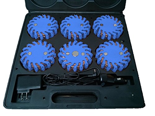 RPF16LM6 - 6-Pack Blue Rechargeable 16 LED Power Flare Emergency Roadside Lights with 9 Functions & Magnetic Base - Perfect for Car Safety Kits, Camping, and Nighttime Roadside Emergencies