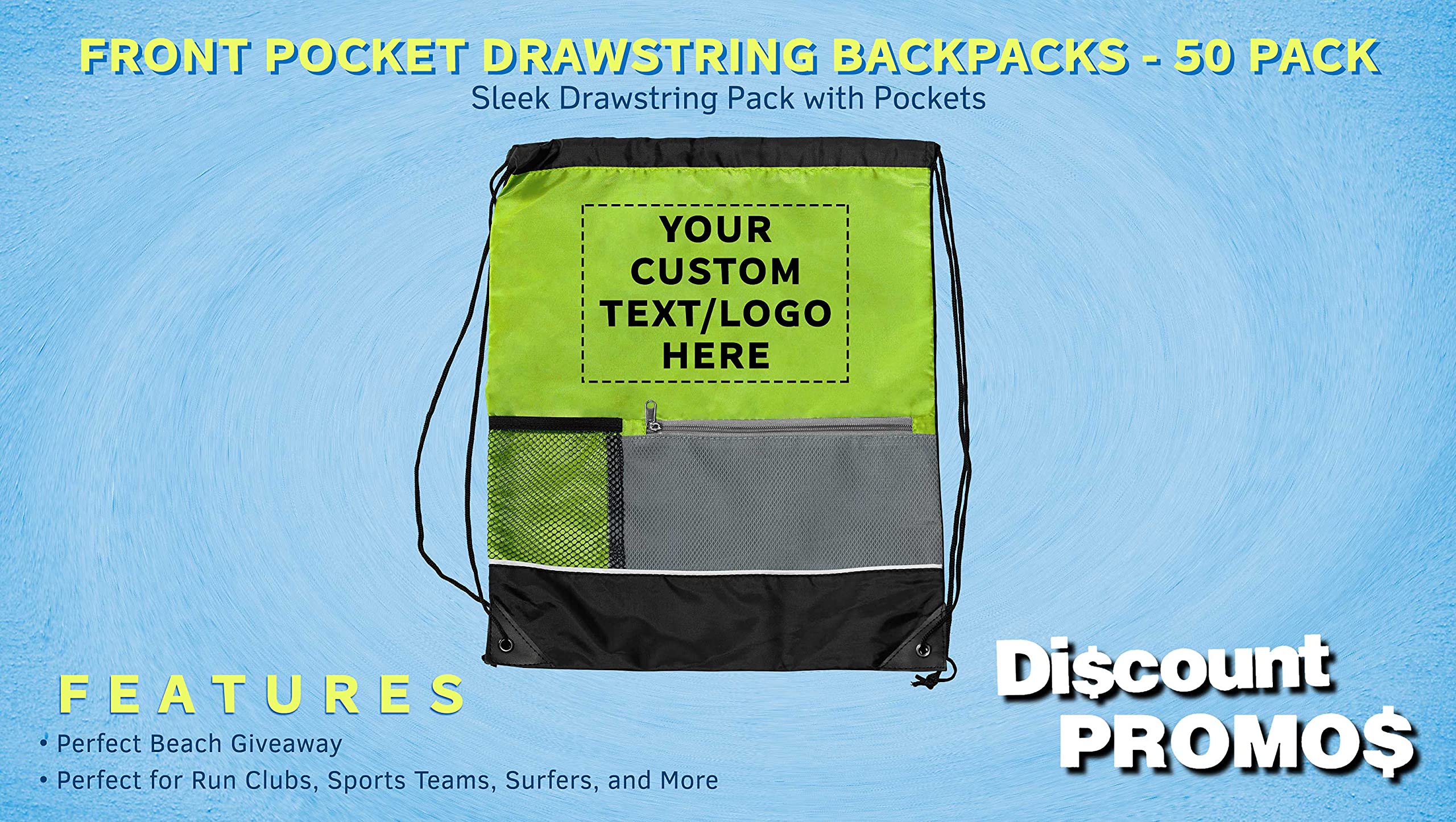 Custom Front Pocket Drawstring Backpacks - Set of 50 Personalized Bulk Pack - Lightweight Reusable Sports Bags for Gym, School & Events - Promotional Lime Green Backpacks for Giveaways & Branding