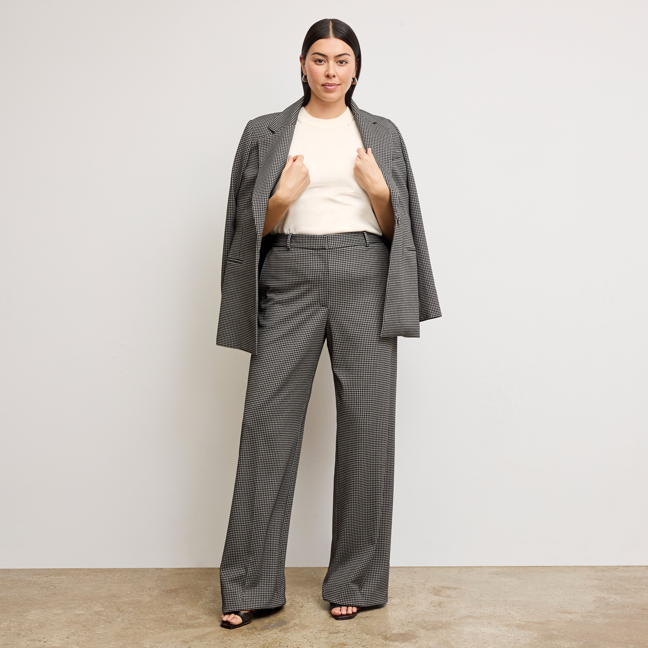 Tinsley Wide Leg Pants for Women - Soft Knit Suiting Fabric with Classic Check Pattern | Office Wear & Casual Outfits