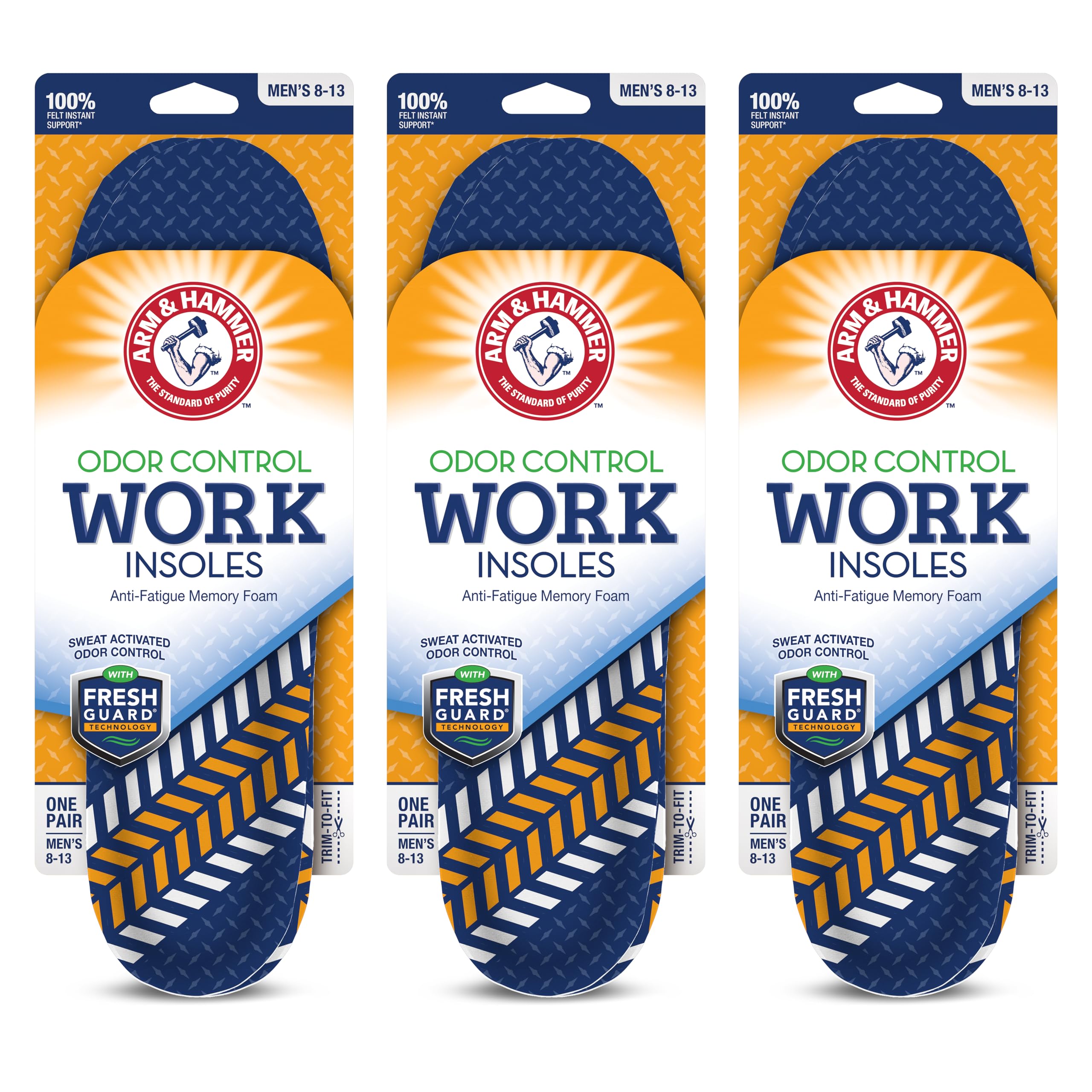 Arm & Hammer Work Insoles for Men & Women - Anti-Fatigue Arch Support Memory Foam Boot Inserts (3 Pack) - Perfect for Construction, Hiking & Long Work Shifts