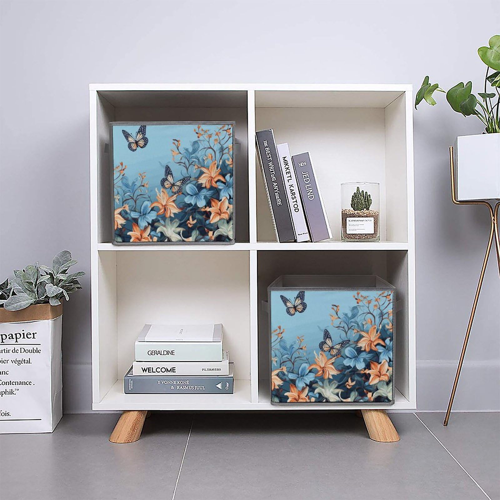 6-Piece Collapsible Storage Bins with Handles - Blue Butterfly Floral Printed Fabric Organizer Boxes for Shelves, Closet, Bathroom & Home Organization - Space Saving Foldable Storage Baskets for Bedroom, Office & Kids Room