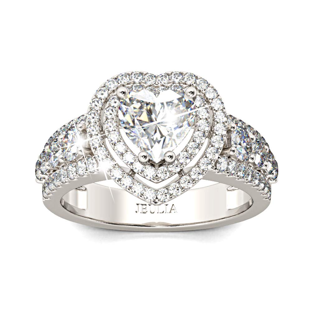Jeulia 925 Sterling Silver Double Halo Heart Cut CZ Solitaire Engagement Ring with Side Stones - Romantic Promise Ring for Women, Anniversary Gift, Valentine's Day Present, Perfect for Proposals & Special Occasions