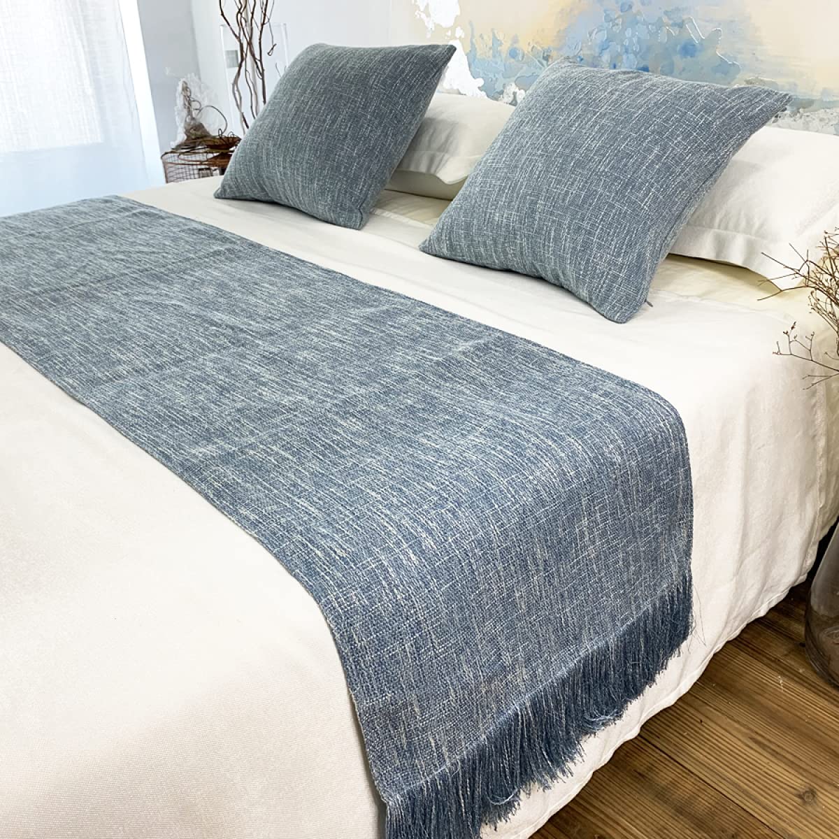 Modern Tassel Bed Runner & Pillowcase Set - Queen/King Size Bed Scarf, Coverlet & Foot of Bed Throw - Elegant Home Decor for Bedroom, Guest Room & Master Suite
