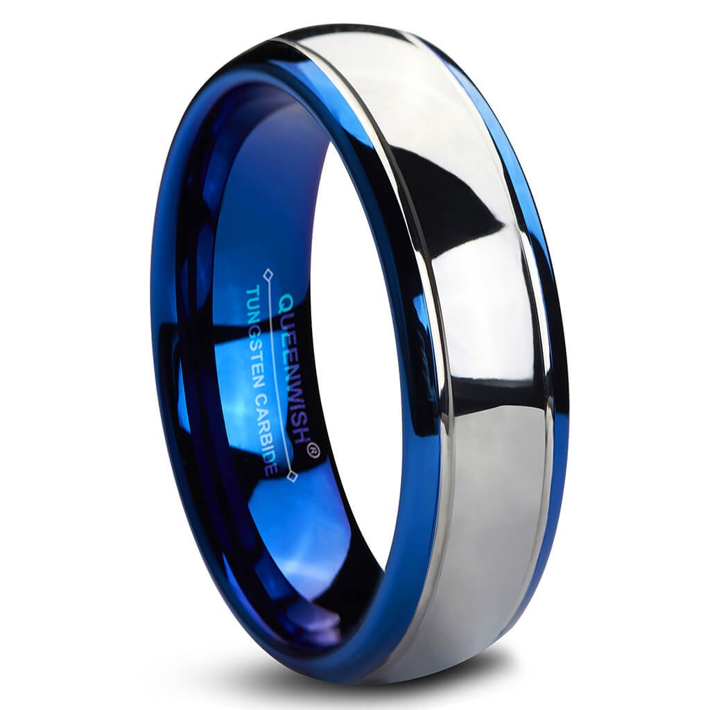 6mm & 8mm Blue Tungsten Carbide Wedding Rings for Men and Women - Silver Dome Bridal Engagement Bands - Perfect for Anniversaries, Proposals & Couple Jewelry Gifts