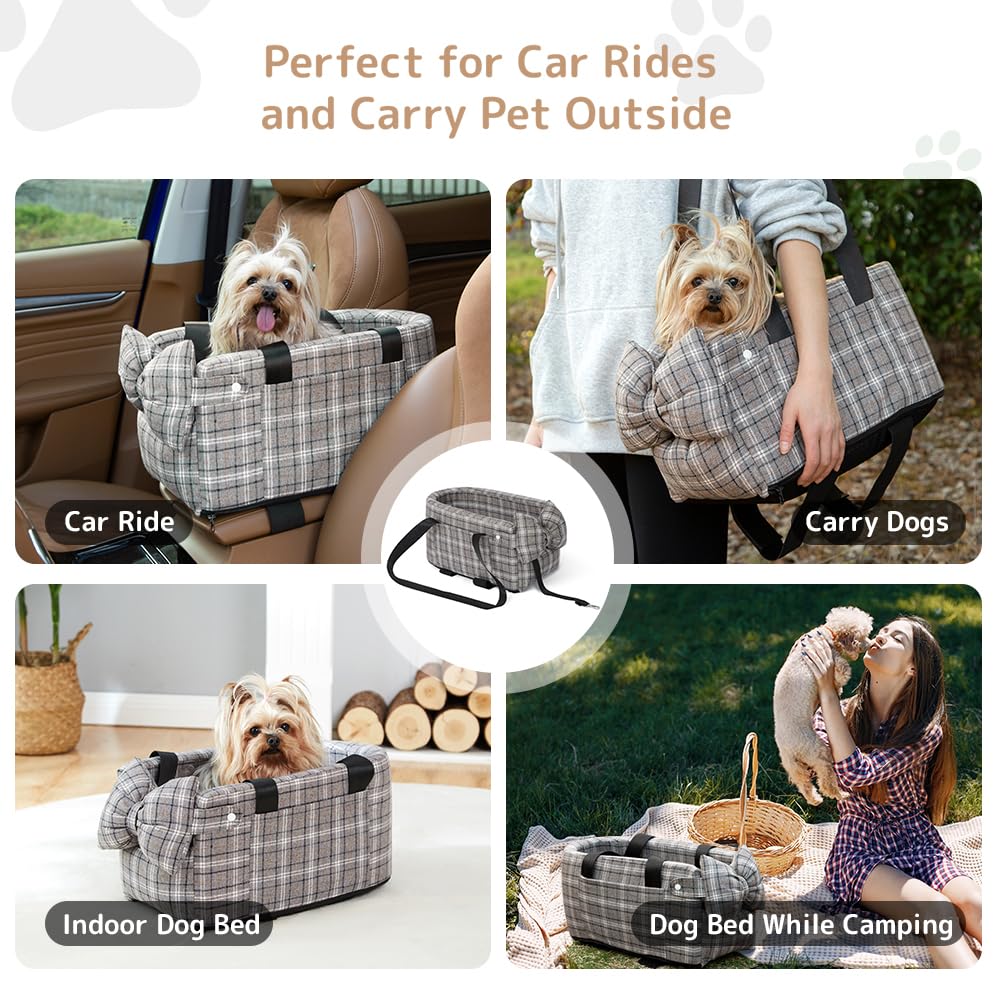 Small Dog Car Seat for Center Console - Stable Pet Booster Seat with Seatbelt & Waterproof Pee Pad | Comfortable Puppy Car Carrier for Travel, Road Trips & Daily Commutes
