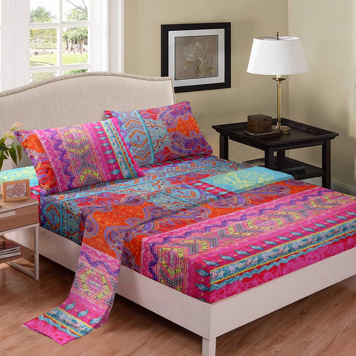 Boho Sheet Set Twin Size - 4 Piece Bohemian Bed Sheets, Super Soft Microfiber, Colorful Tribal Striped Design, Deep Pocket Fitted Sheet + Flat Sheet + 1 Pillow Sham - Retro Decor for Adult Bedrooms | Perfect for Guest Rooms, Dorm Rooms & Bohemian Style Home Decor