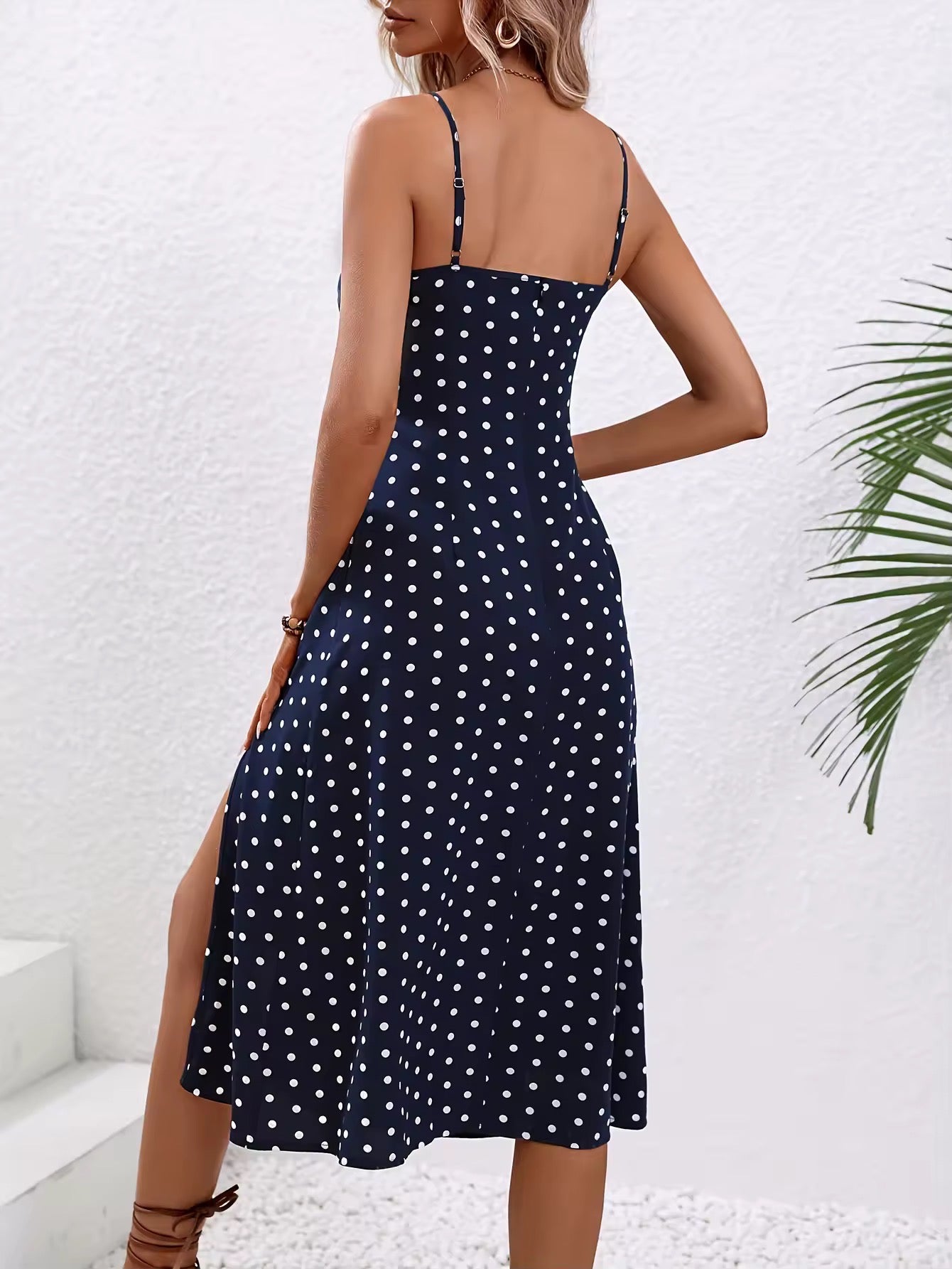 Keira Polka Dot A-Line Midi Slit Summer Dress - Flowy Floral Print Women's Sundress for Beach, Vacation & Date Night
