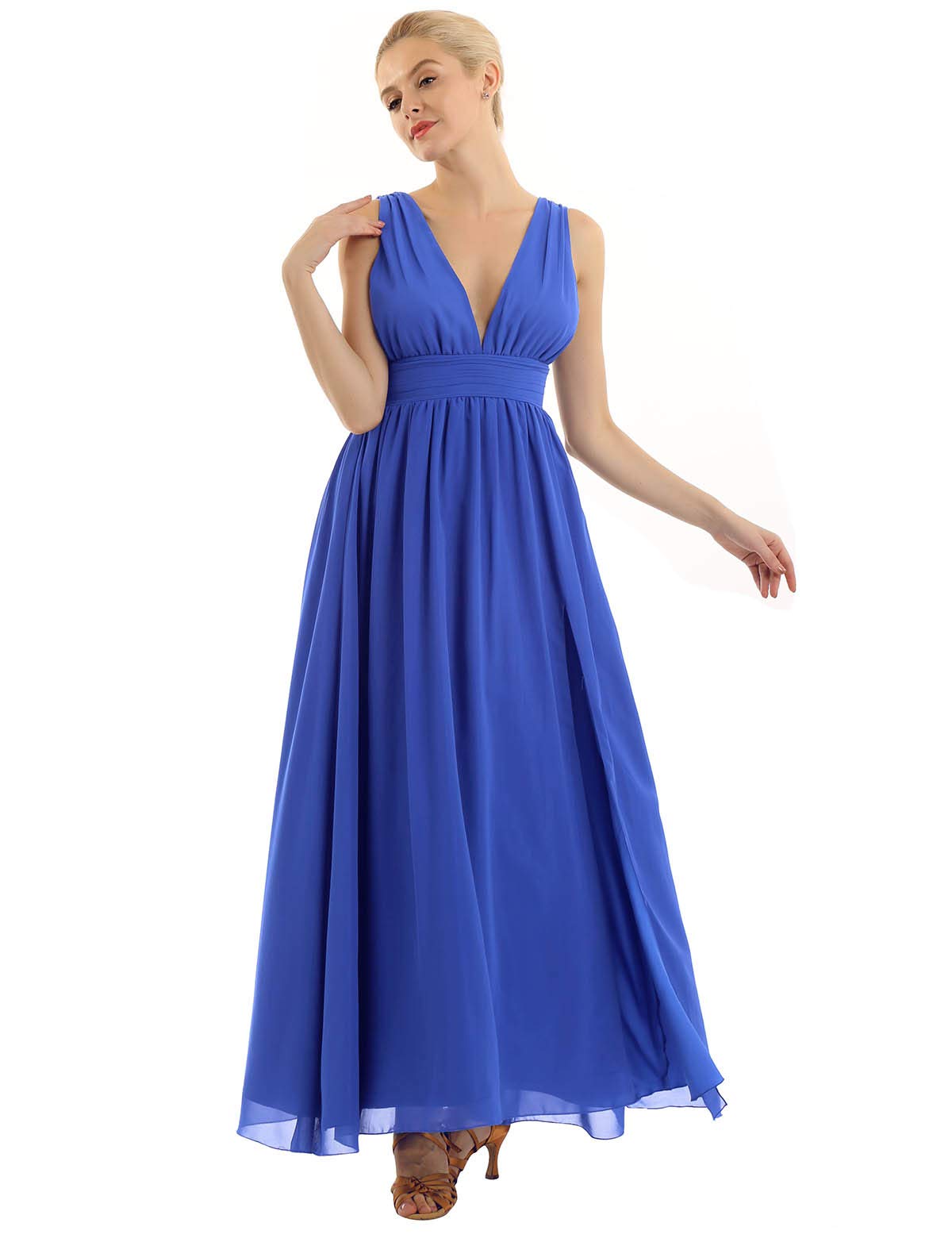Elegant Women's Double V-Neck Chiffon Bridesmaid Dress with High Slit for Wedding, Evening Party & Formal Occasions