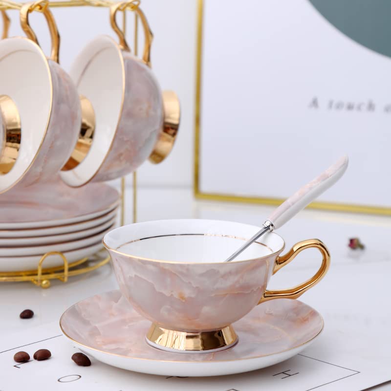 7 oz European Ceramic Bone China Coffee Cup with Saucer - Elegant Pink Tea Set for Au Lait, Latte, Cafe Mocha & Cappuccino - Perfect Mother's Day Gift for Home, Office & Coffee Shops