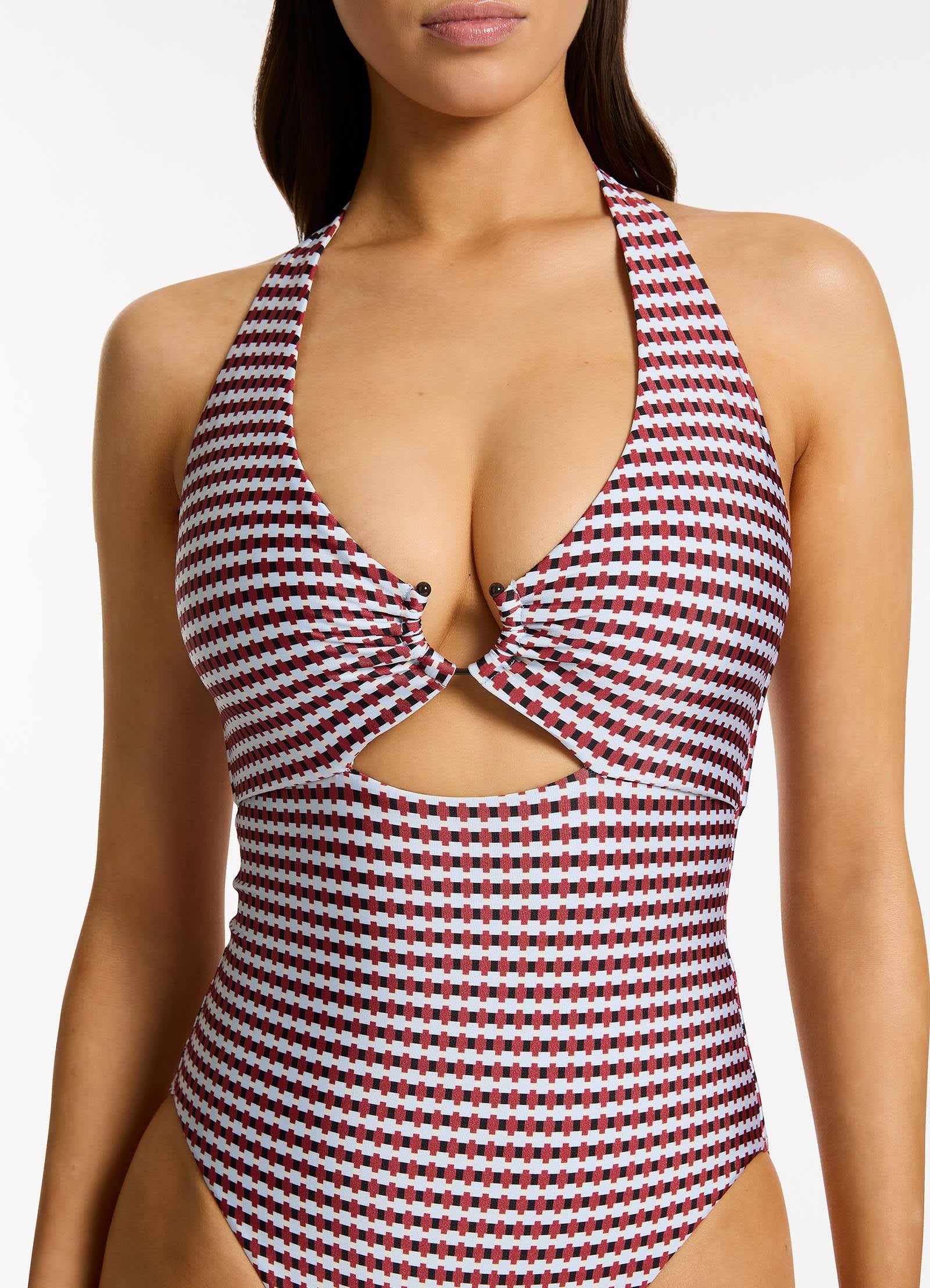 Zarla Geo Halter Tie One Piece Swimsuit - Stylish Ruby Red Bathing Suit for Women | Perfect for Beach Vacations, Pool Parties & Summer Getaways
