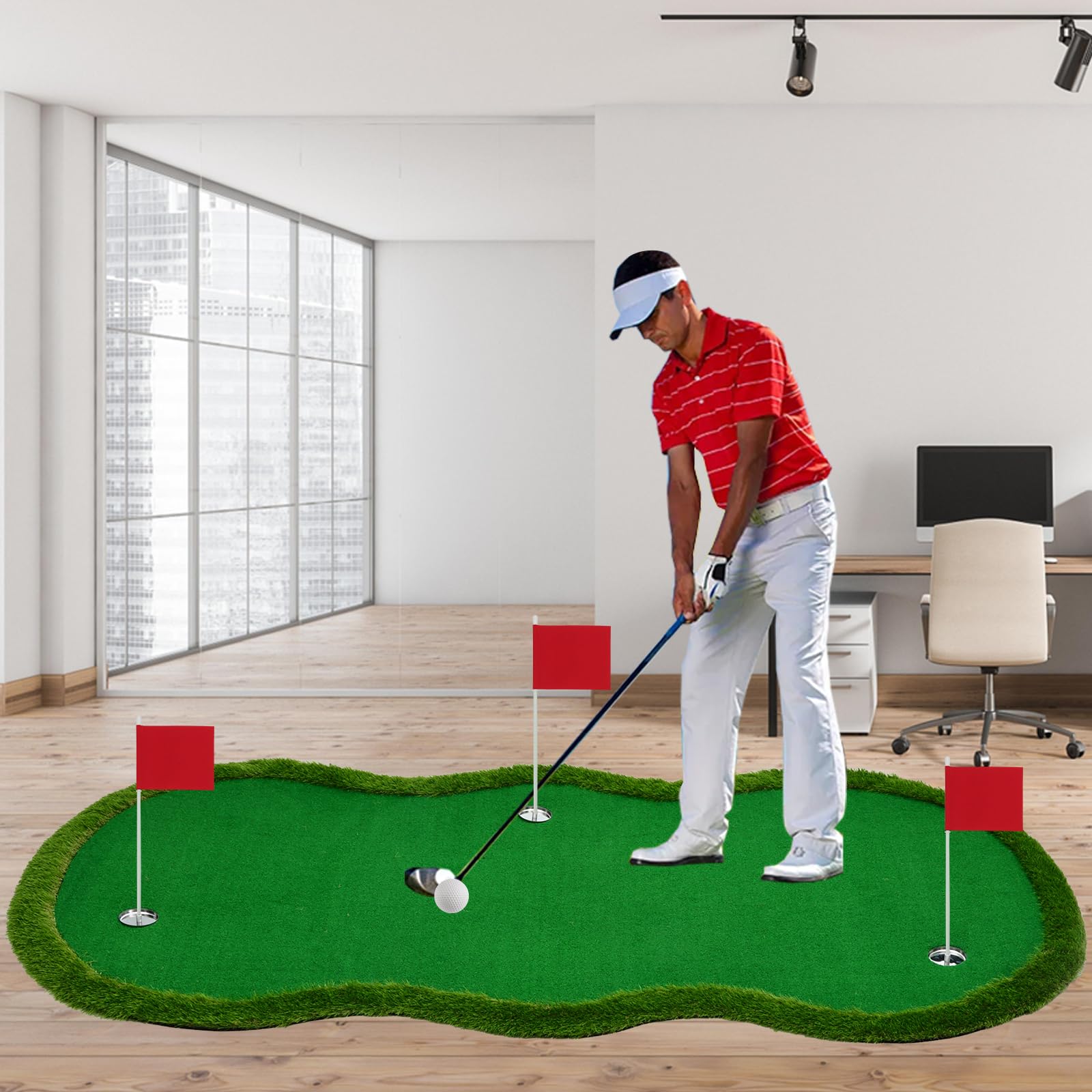 Premium Indoor/Outdoor Golf Putting Green Mat - 3 Holes with Challenge Cup & Flags - Practice Slope for Home Golf Simulators - Perfect for Backyard Training & Office Putting Practice