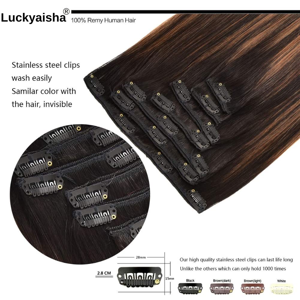 Clip in Hair Extensions 20 Inch Real Human Hair - 7pcs 120g Thickened Straight Natural Black Mixed Chestnut Brown #1B/6/1B - Perfect for Volume, Length & Styling for Parties, Weddings & Daily Wear