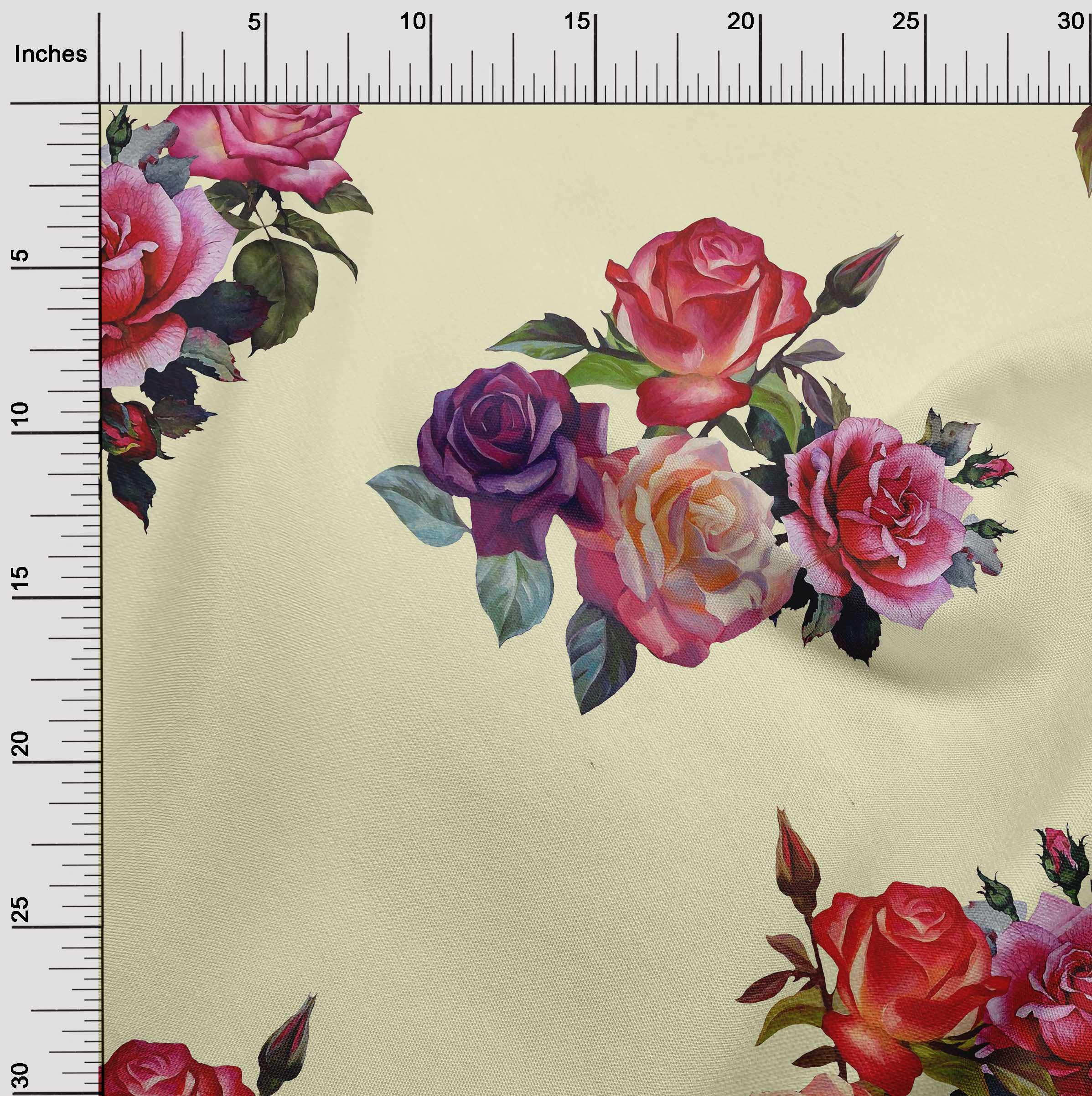 oneOone Viscose Chiffon Fabric - 42 Inch Wide Watercolor Leaves & Rose Print Sewing Material for Dresses, Scarves & DIY Crafts