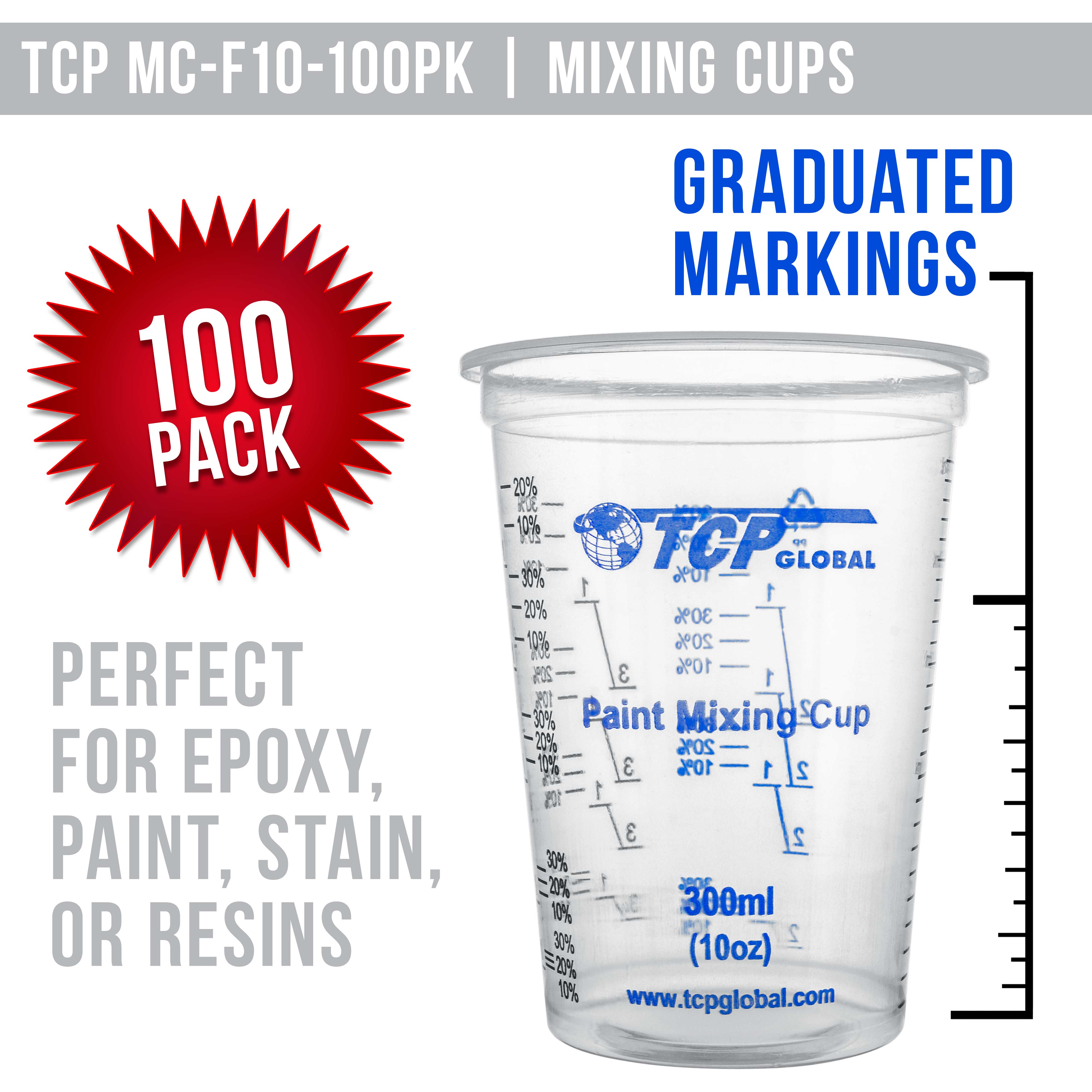 TCP Global 10oz (300ml) Disposable Plastic Mixing Cups with Measurement Marks - 100 Cups & 50 Sticks Set for Paint, Epoxy, Resin - Perfect for DIY Crafts, Art Projects & Home Repairs