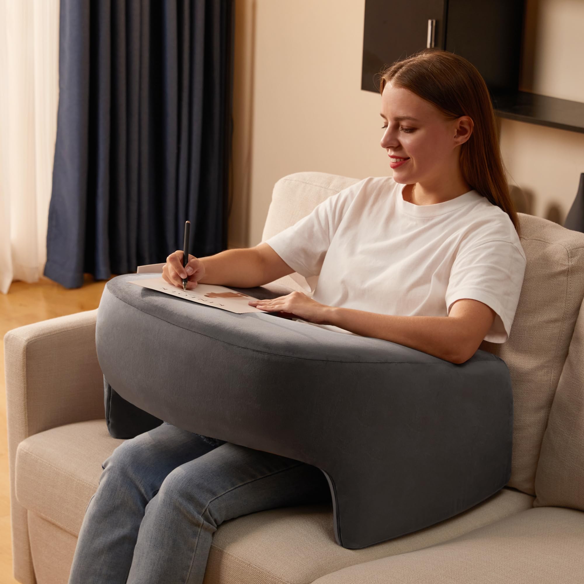 Homguava Memory Foam Reading & Gaming Pillow with Side Pocket - Ergonomic Back Support Cushion for Adults - Soft Furry Body Pillow for Bed, Sofa, Office (Grey) - Perfect for Reading, Gaming, Working & Relaxing at Home