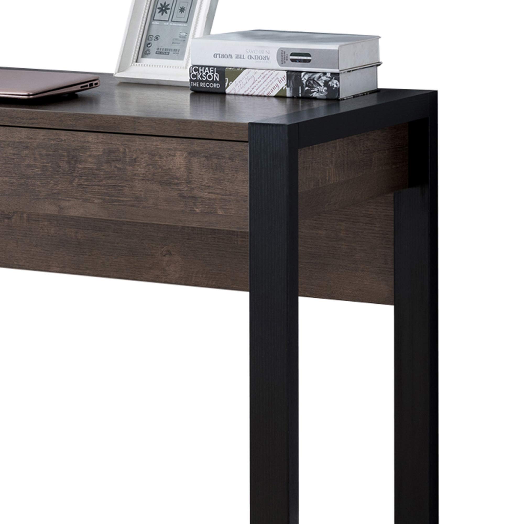 Benjara Modern Rectangular Wooden Desk with Built-in Electric Outlet & Sturdy Sled Legs - Black/Brown Home Office Desk for Work & Study | Perfect for Home Office, Study Room & Workspace