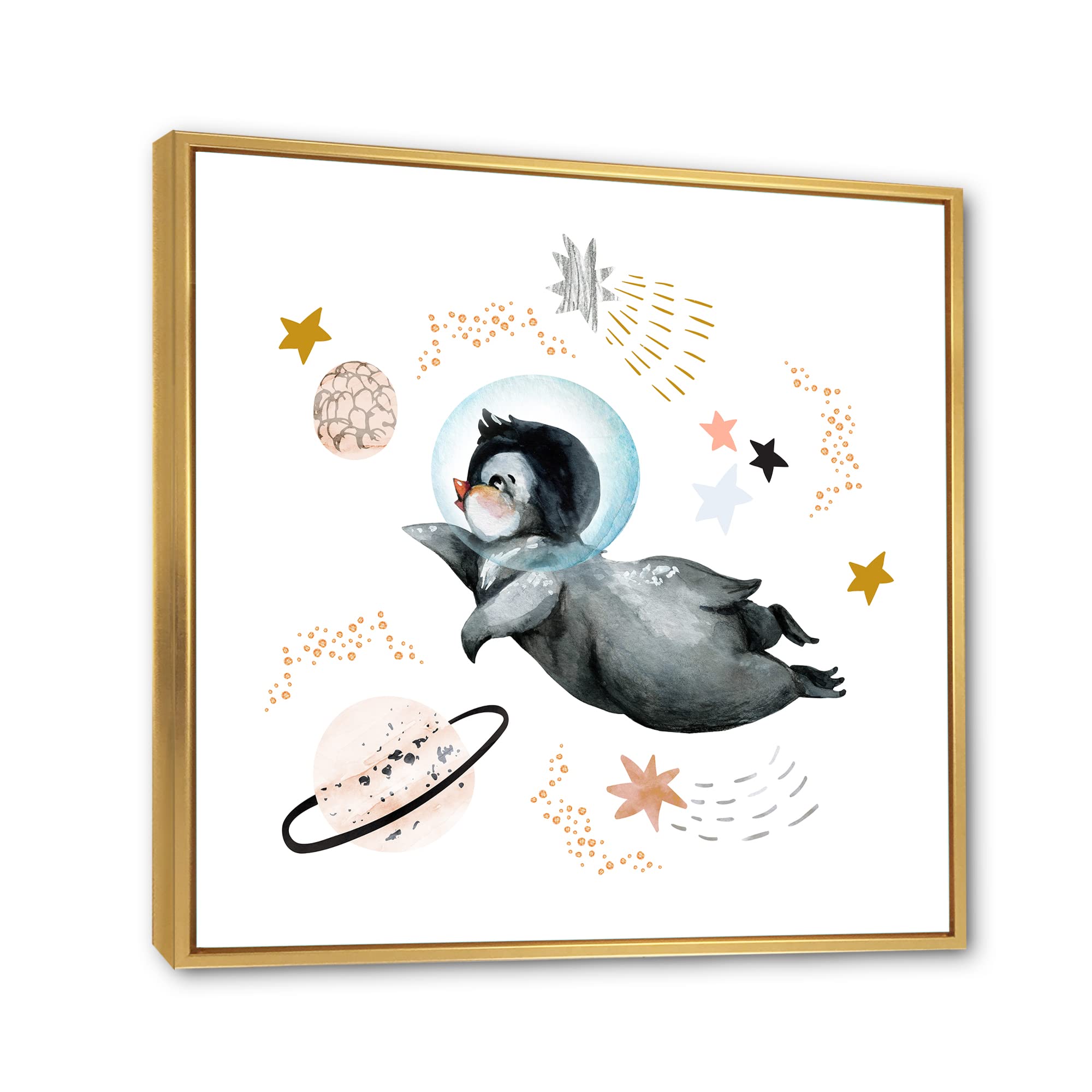 DesignQ Little Penguin Flying Stars and Planets II - Farmhouse Framed Canvas Wall Art Print - Nursery Decor, Kids Room Wall Art, Living Room Decor