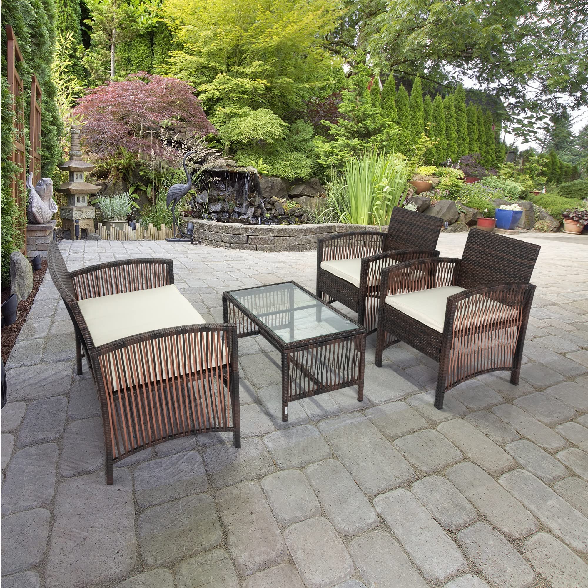 **Merax 4-Piece Outdoor Patio Conversation Set - Rattan Wicker Sofa with Coffee Table & Cushions - Brown Garden, Lawn & Pool Furniture for Relaxing & Entertaining**