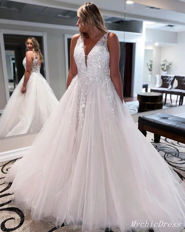 Elegant A-Line V-Neck Sleeveless Lace Sequin Wedding Dress for Beach Brides - Perfect for Destination Weddings, Beach Ceremonies & Romantic Photos