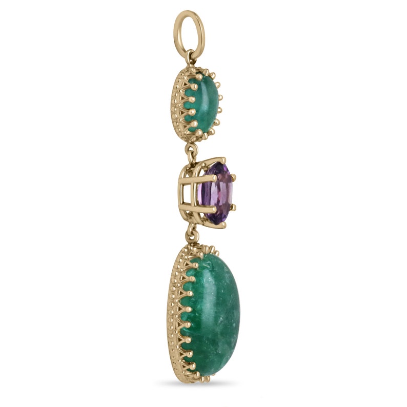 16.47tcw 14K Gold Natural Oval Cabochon Emerald & Amethyst Vintage Style Necklace | Elegant Jewelry for Women, Perfect for Weddings, Parties & Special Occasions