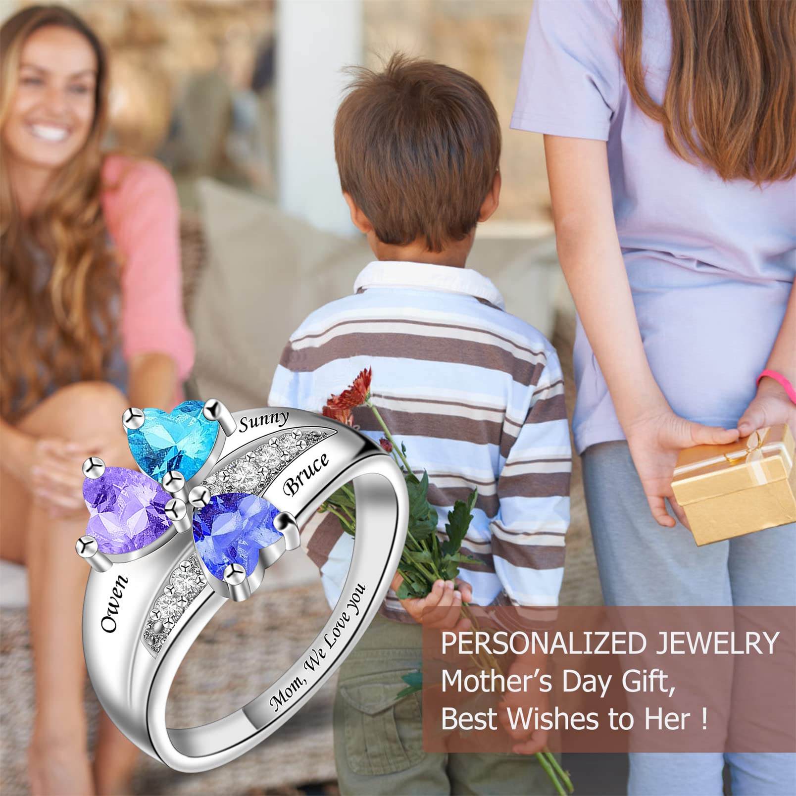 Custom Mothers Ring with 3 Birthstones - Sterling Silver Personalized Name Rings for Women | Vintage Heart Design Anniversary & Promise Rings | Engraved with 3 Names | Perfect Gift for Mother's Day, Birthday & Special Occasions