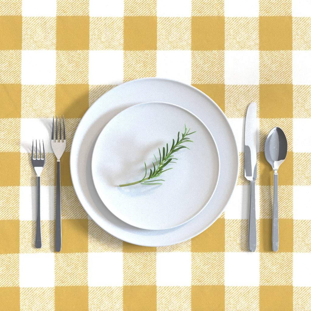 Premium Cotton Sateen Tablecloth 70x108 Inches - Buffalo Check Yellow Plaid Rustic White Gingham Pattern for Dining Room Decor | Washable Table Linens for Farmhouse, Kitchen & Holiday Gatherings