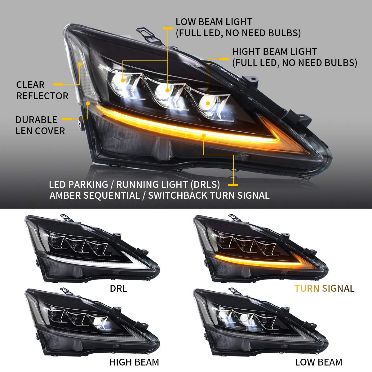 VLAND LED Headlights for Lexus IS 2006-2012 - Sequential Turn Signal for Night Driving