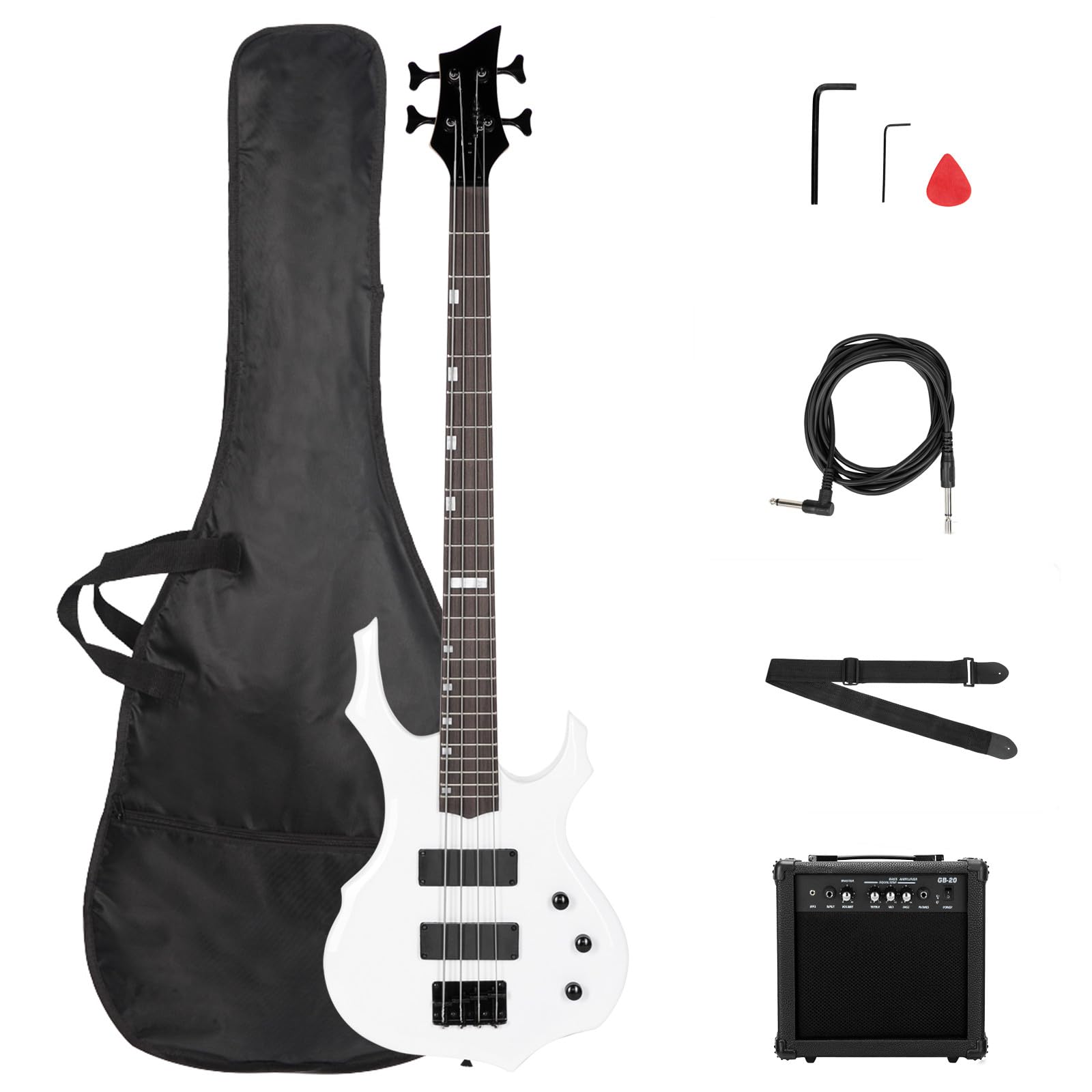 Ktaxon Full Size Electric Bass Guitar with Flame Design - 20W Amplifier, Portable Bass Bag, Premium Amp Cable, Adjustable Strap, Plectrum & Tools (White) - Perfect for Beginners, Live Performances & Home Practice