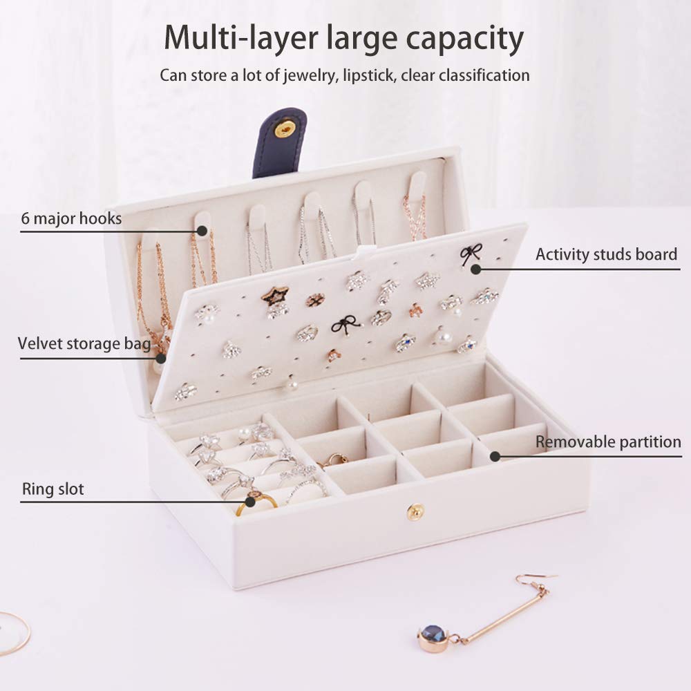 Fullgaden Jewelry Organizer Box - 2-Layer Travel Jewelry Storage Case with Synthetic Leather for Necklaces, Rings & Accessories - Perfect Gift for Women (Navy Blue) | Great for Travel, Home Decor & Gift Giving
