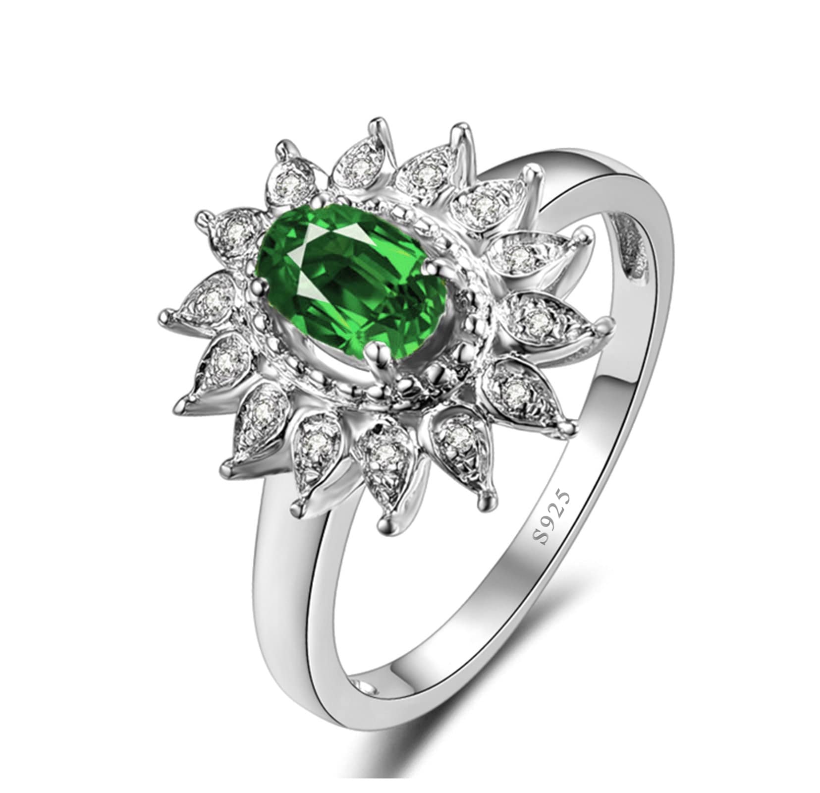 Gualiy Sterling Silver Ring Bands - Flower Design with Green & White Cubic Zirconia Wedding & Engagement Rings (Size 4-11) | Elegant Jewelry for Brides, Anniversaries & Special Occasions