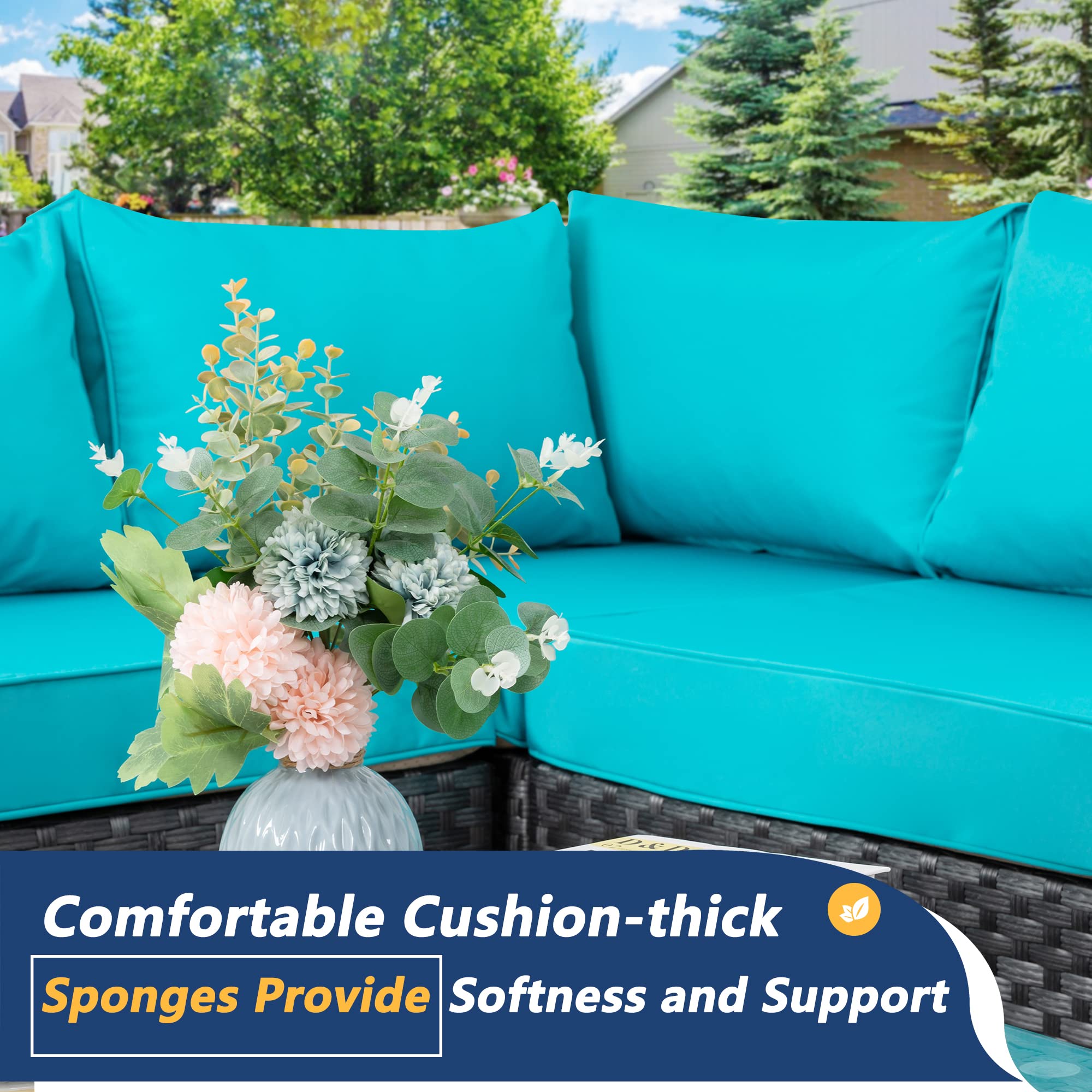 JAMFLY 7-Piece Wicker Patio Furniture Set, Outdoor Rattan Sofa Conversation Set with Washable Cushions & Glass Coffee Table - Light Blue - Perfect for Garden, Backyard, Poolside & Porch Relaxation