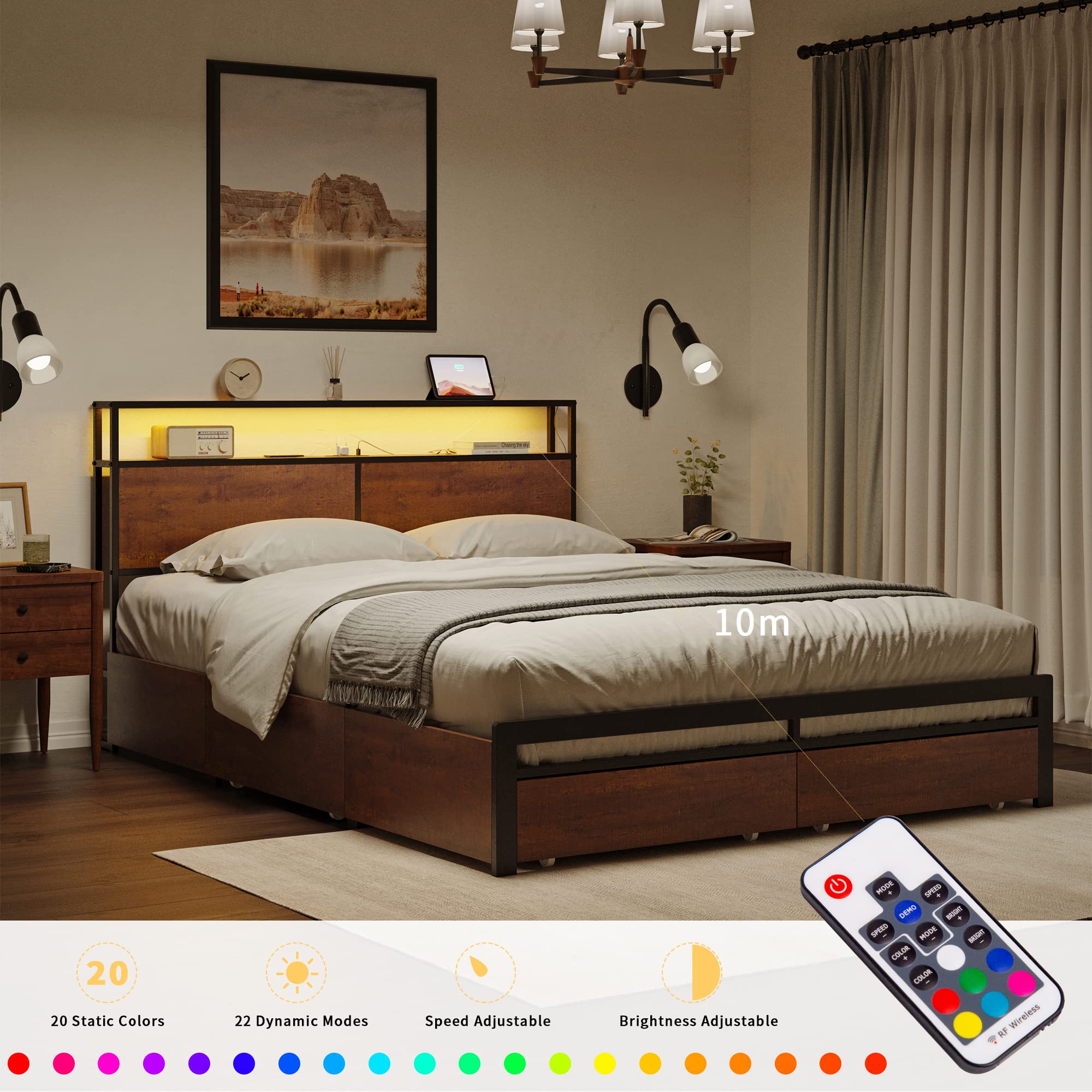 HAUSOURCE Queen Size Bed Frame with Storage Headboard, 4 Drawers & LED Lights - Sturdy Metal Platform Bed with Non-Slip Design & Quiet Mattress Foundation - No Box Spring Needed - Perfect for Small Bedrooms, Guest Rooms & Apartments