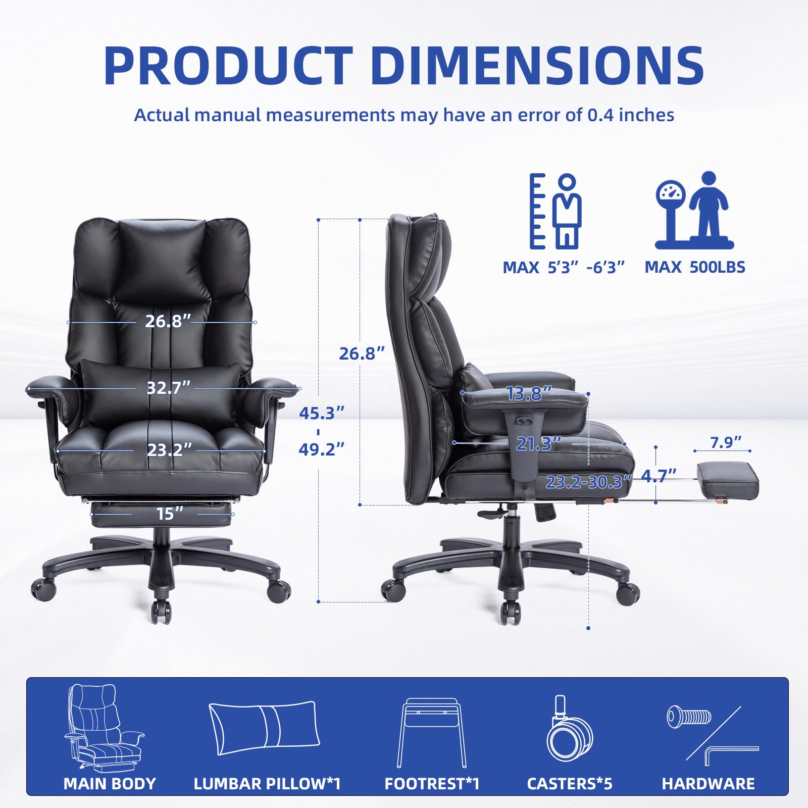 Big and Tall Office Chair for Heavy People - 500lbs Capacity, Wide Seat Executive Desk Chair with High Back, Foot Rest & Ergonomic Lumbar Support - Premium Computer Task Chair for Large Men (Black) - Perfect for Home Office, Gaming Setup, and Long Work Sessions