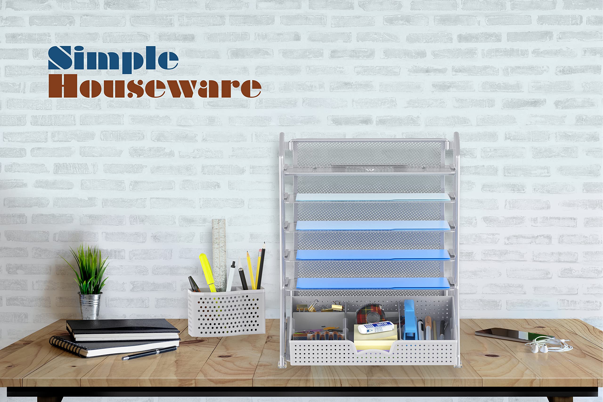 Simple Houseware 6-Tier Desk Organizer with Sliding Drawer - Silver Metal File Tray for Office Documents, Mail & Supplies | Perfect for Home Office, School & Workplace Organization