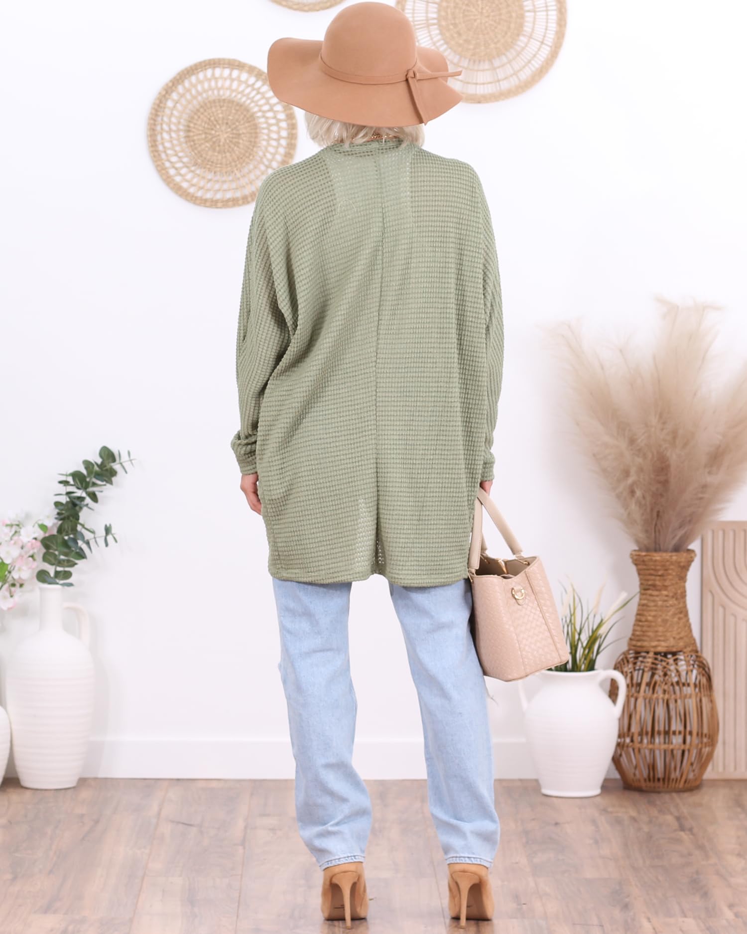 Popana Long Oversized Fall Batwing Waffle Knit Cardigan Sweater for Women with Pockets - Plus Size Cozy Loungewear for Autumn & Winter - Perfect for Casual Outfits, Work from Home & Coffee Dates