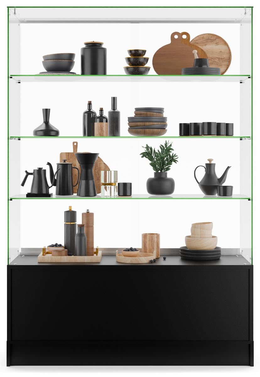 48 Inch Glass Display Cabinet with 3 Adjustable Shelves & Base Storage - Black Sliding Door Showcase for Retail Stores, Home Decor & Collectibles Display