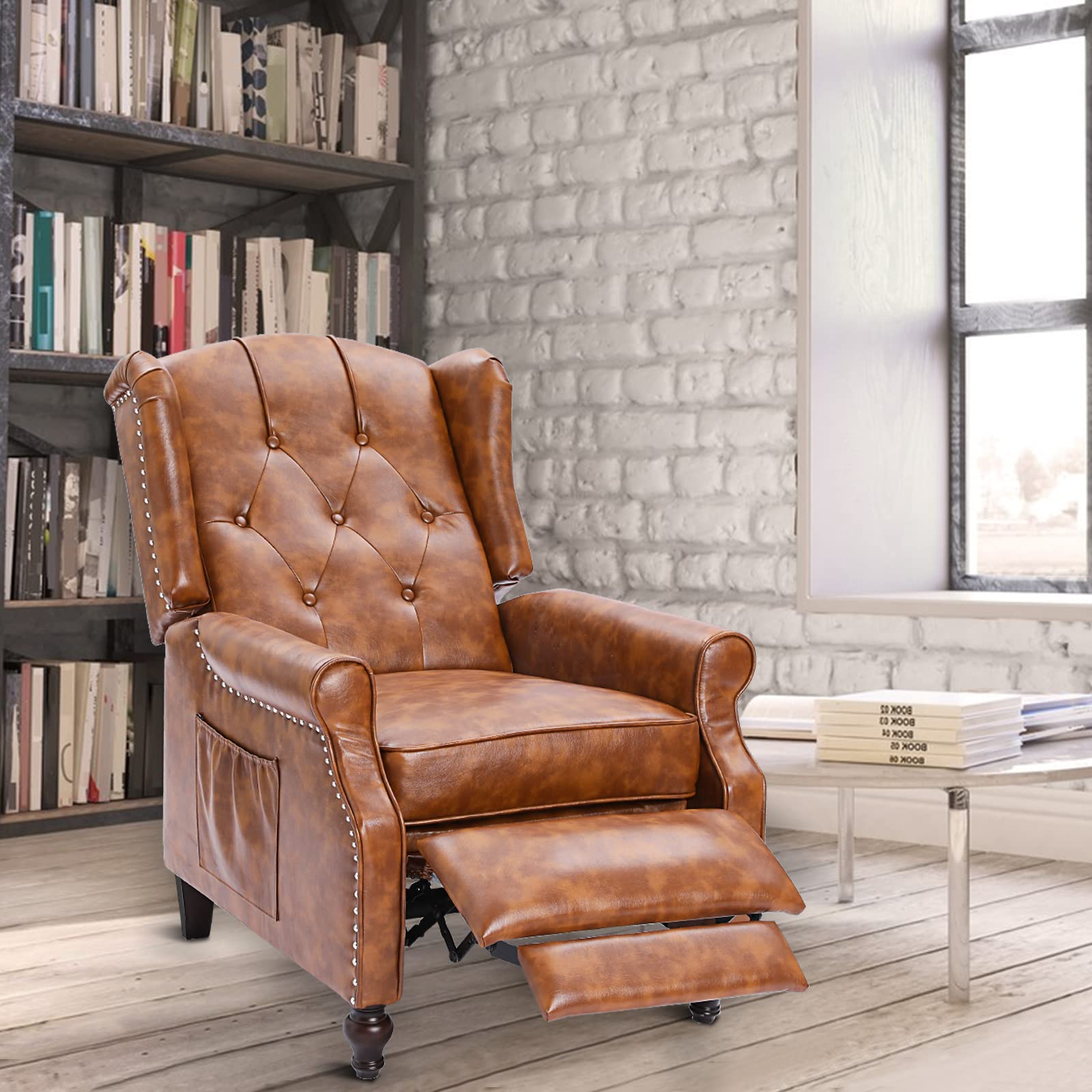 PU Leather Wingback Recliner Chair with Heat & Massage - Home & Office Comfort (Cognac Brown)